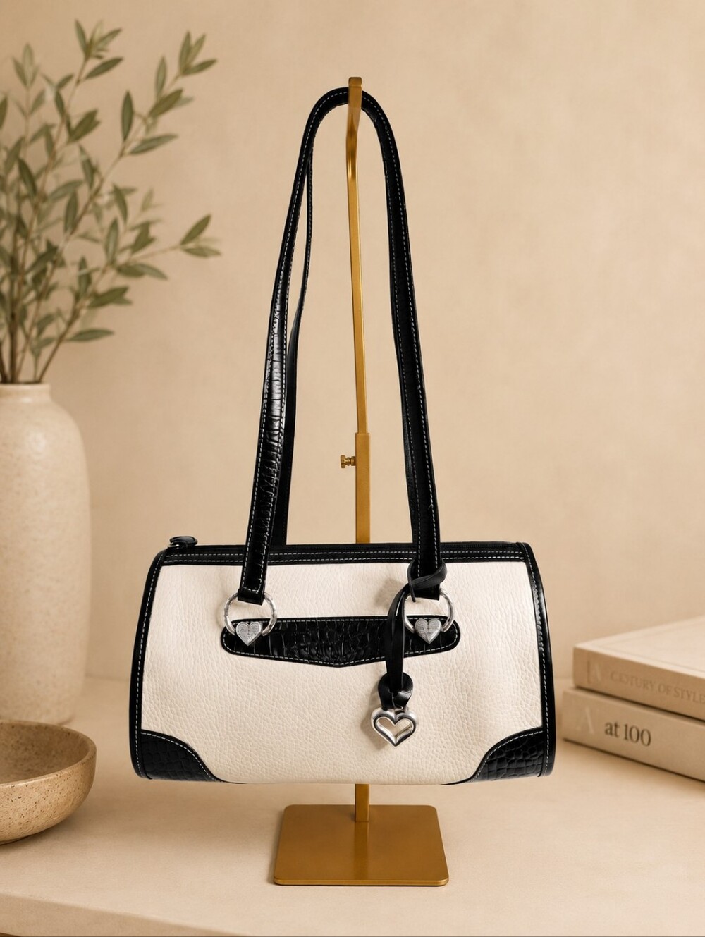 Brighton White Pebbled Leather Barrel Shoulder Bag Black Croc Trim Heart Charm